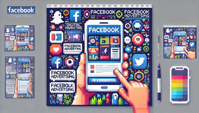 DALL·E 2024-09-30 17.57.19 - A pixel art style cover image representing the concept of Facebook advertising and digital marketing. The image should feature elements like a smartph